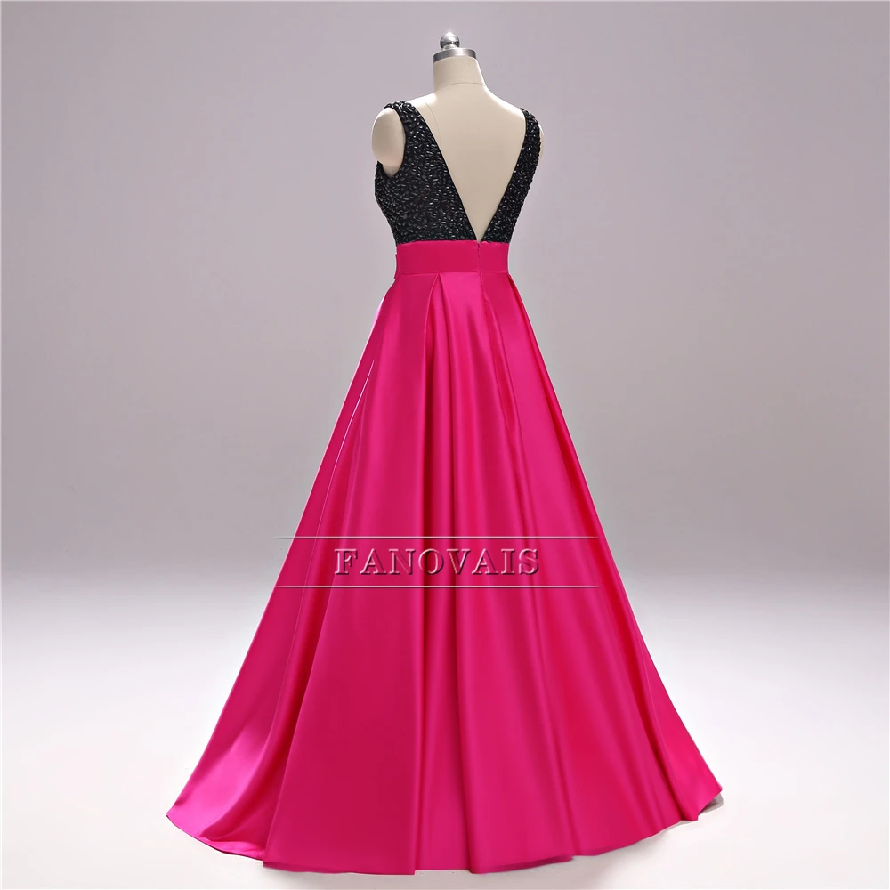 Женское вечернее платье в пол черное атласное цвета фуксии с кристаллами модель