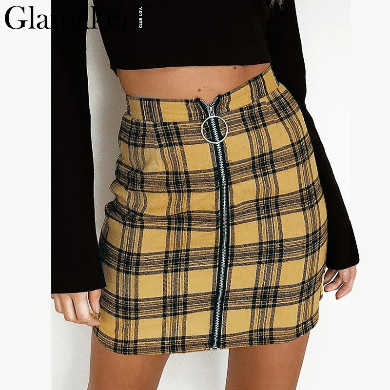 Женская клетчатая юбка-трапеция Glamaker желтая Повседневная облегающая мини-юбка с