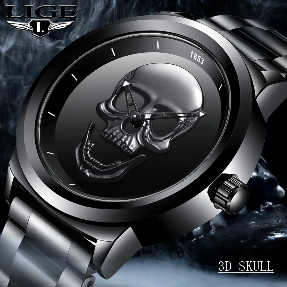 Cool Punk 3D Skull Men Watch Brand LIGE Luxury Steel Gold Black Vintage Quartz Male Watches sport clock Relogio Masculino