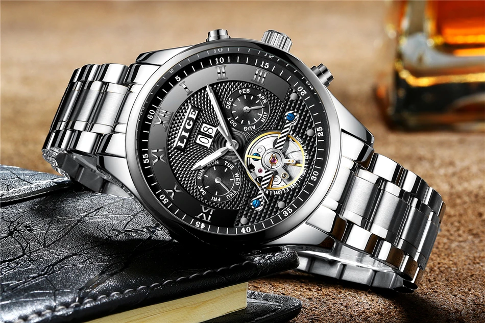 LIGE Fashion Sports Watch Men Business Leather Clock Mens Watches Top Brand Luxury Automatic Mechanical Watch Relogio Masculino