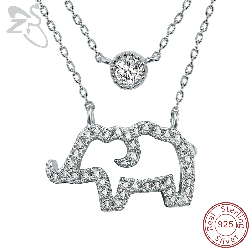 

ZS Elephant Pendant Necklace Women Double Necklace 925 Silver Paved AAA Cubic Zirconia Crystal Necklace for Girls Women Gifts