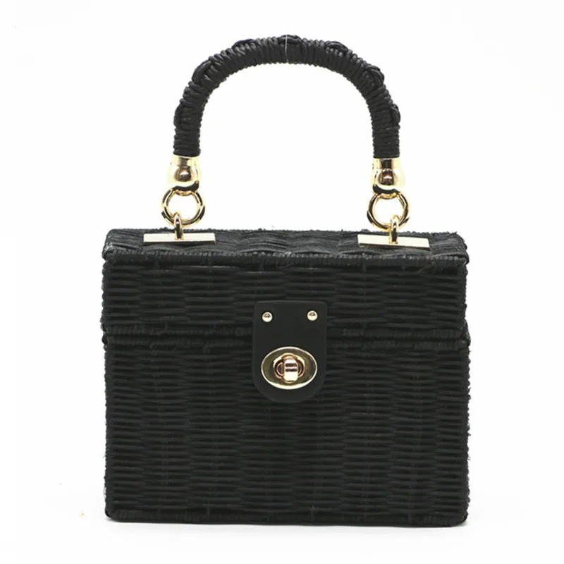 Новая черная сумка из ротанга 2018 маленькая пляжная соломенная с клапаном женские