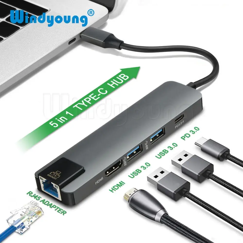 Адаптер USB C к Gigabit Ethernet RJ45 Lan Type HDMI 4K с 2 портами 3 0 хаб для Macbook Pro iPad Pro|USB-хабы| |