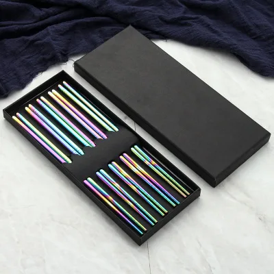 rainbow5pairs 5 пар корейских палочек для еды из нержавеющей стали с подарочной коробкой, портативные многоразовые палочки для еды, для суши, Хаши, для домашнего использования, китайские - Цвет: rainbow5pairs