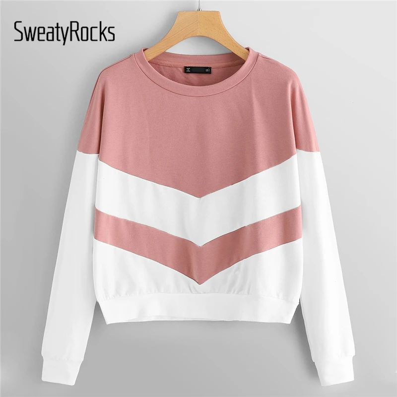 SweatyRocks, розовый двухцветный базовый пуловер с цветными блоками, толстовки с длинным рукавом, женские топы, осень, Повседневная Толстовка