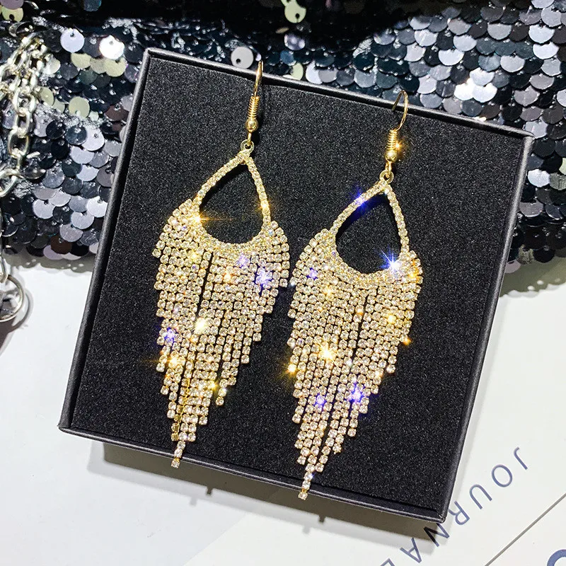 FYUAN, длинные геометрические висячие серьги с кисточками для женщин,, Bijoux, блестящие свисающие серьги со стразами, массивные ювелирные изделия