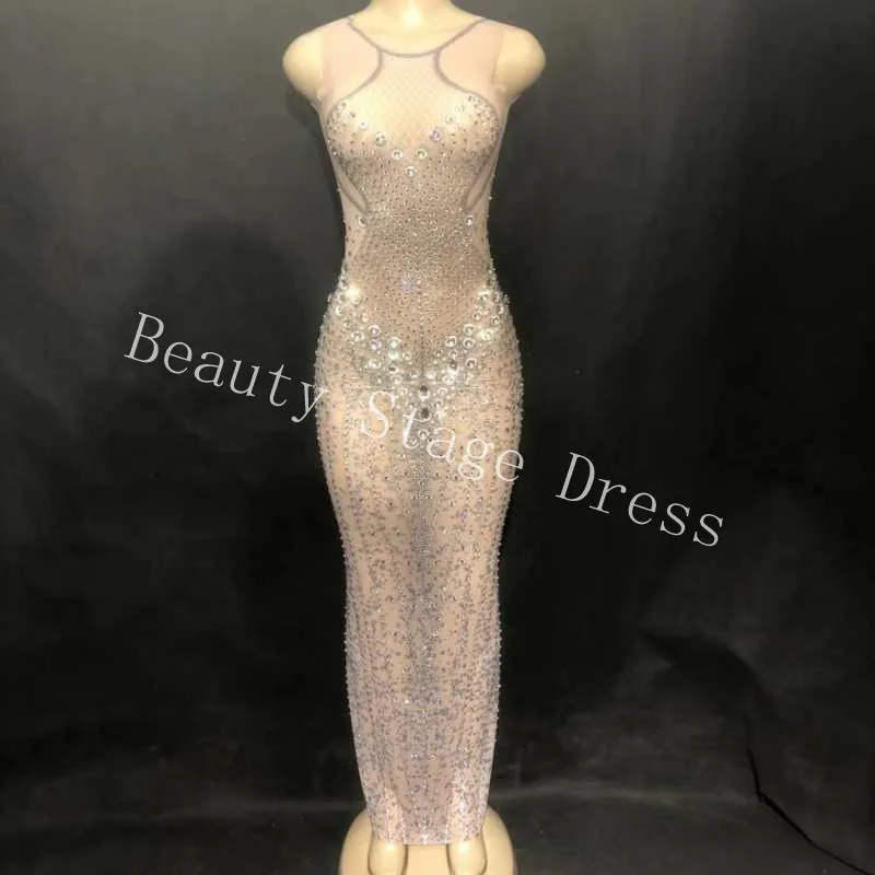 

Luxurious Silver Crystals Mesh Dress Glisten Evening Perspective Dress Women's Prom Birthday Celebrate Long Dresses