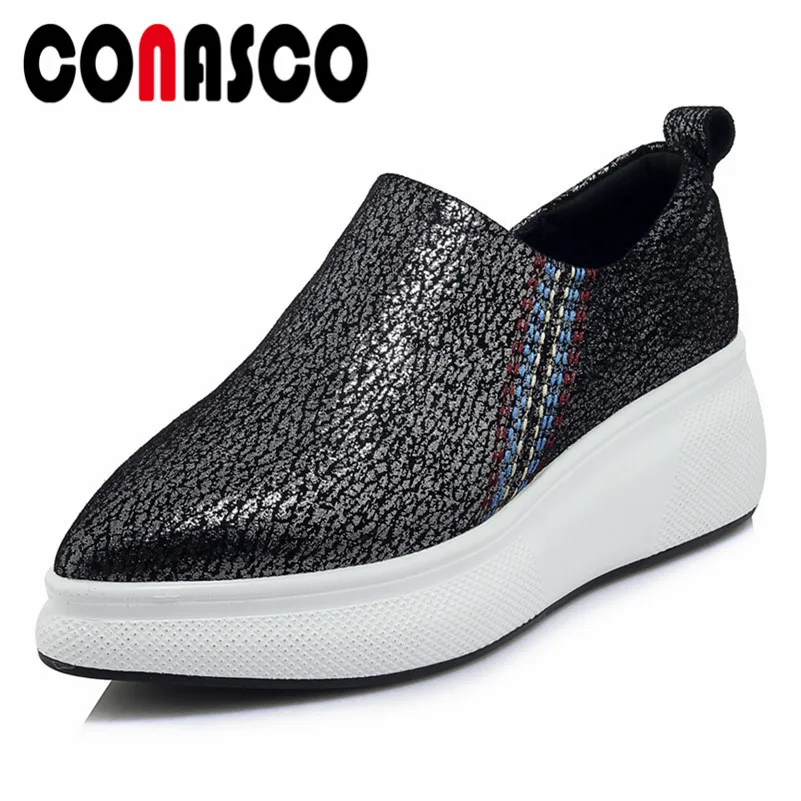 

CONASCO New Women Slip On Flats Genuine Leather Pointed Toe Platforms Breathable Casual Shoes Woman Comfort Flats Loafers Shoes