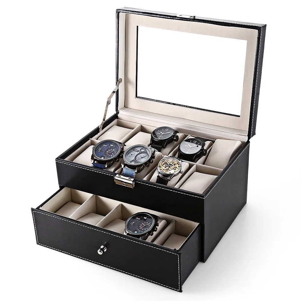 20 Grids Watch Box Collection Classic Leather Case Plastic Top Quality PU Winder High Capacity Display | Наручные часы