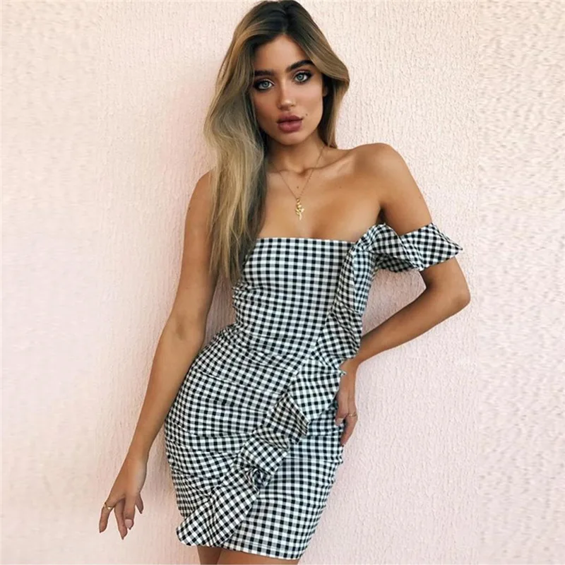 

Платье-футляр на бретельках, без бретелек, с оборками, в клетку, сексуальное, выше колена, мини, вечерние платья, 2019