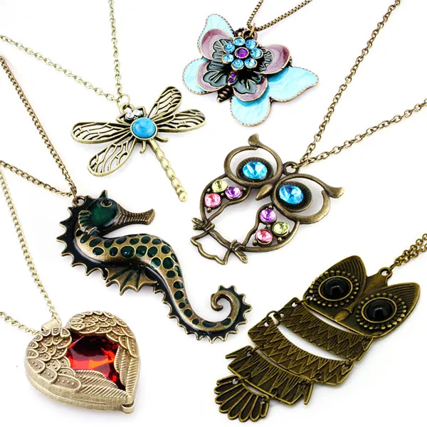 SET 2-6PCS JewelrieShop винтажная Ретро цветная Хрустальная сова длинная цепочка с подвеской ожерелье с состаренная бронза отделка - Окраска металла: SET 2-6PCS