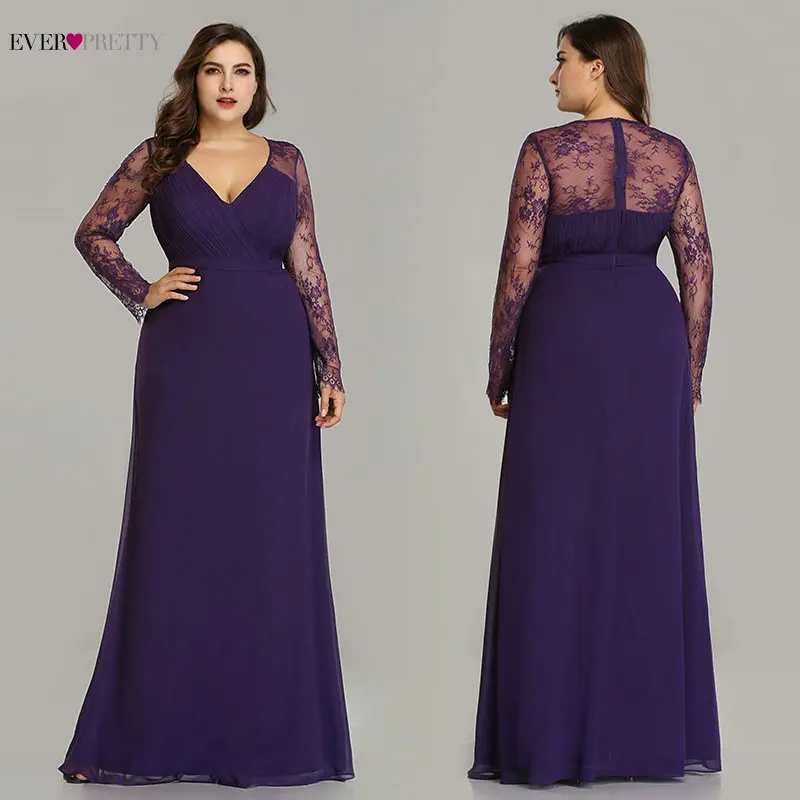 Robe De Soiree Новые Красивые фиолетовые кружевные шифоновые длинные вечерние платья трапециевидной формы с длинным рукавом Элегантного размера плюс вечерние платья