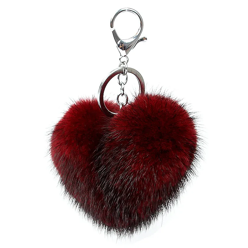 

Luxury Mink Fur Heart pompom Keychain Keyring Pom pom bag charm gift car Key Chain Key Holder Girlfriend Women mothers day gift