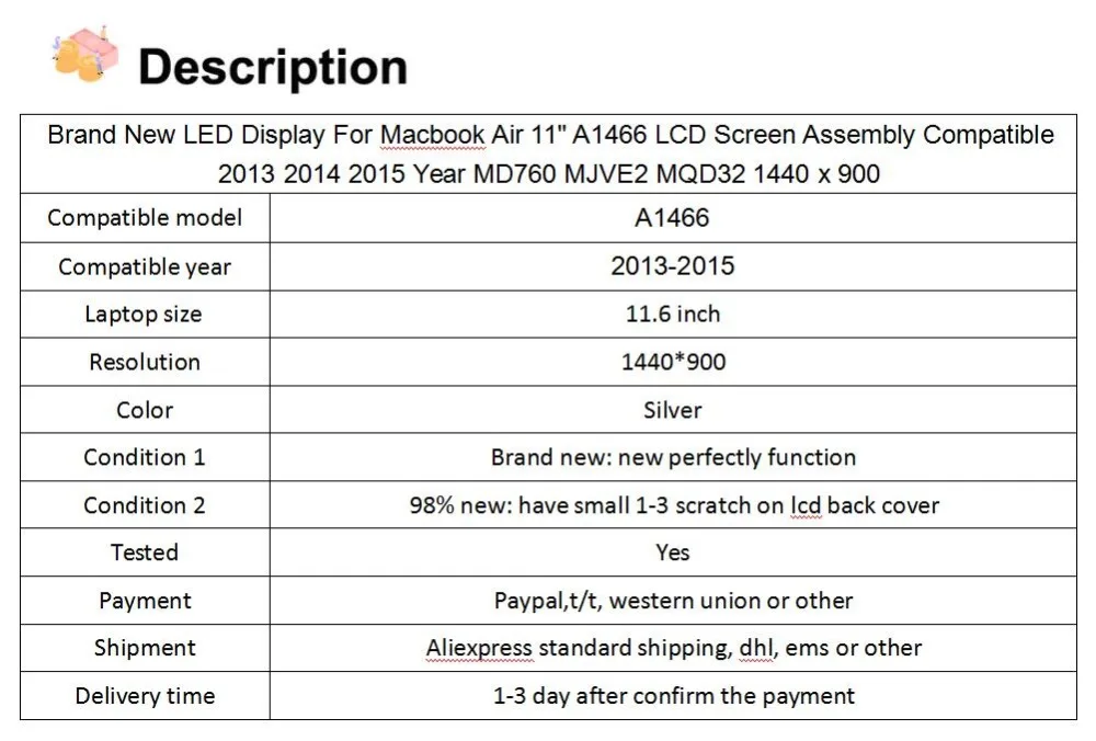 A1466 полный lcd в сборе для Macbook Air 1" A1466 ЖК-дисплей Экран дисплея в сборе 2013- MD760 MJVE2 MQD32 1440x900