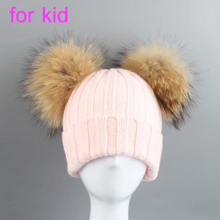 kid pink Зимние шапки для родителей и детей, шапка с помпоном из натурального меха енота, Детская Хлопковая вязаная шапка для мальчиков и девочек, Skullies Beanies - Цвет: kid pink