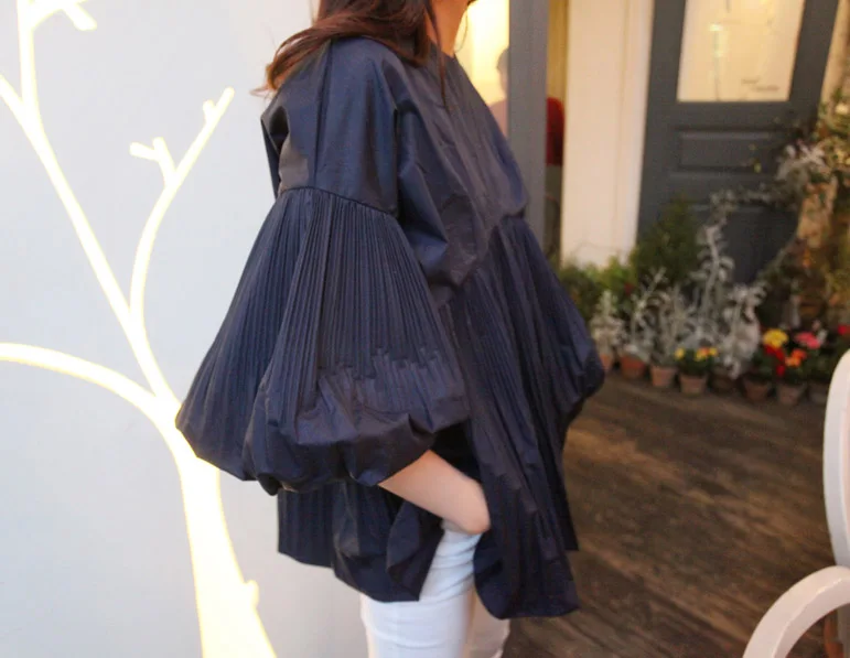 2017 new autumn collection three quarter puff sleeve crimp bouffancy shirt top blouse o-neck solid blue loose wide fit |