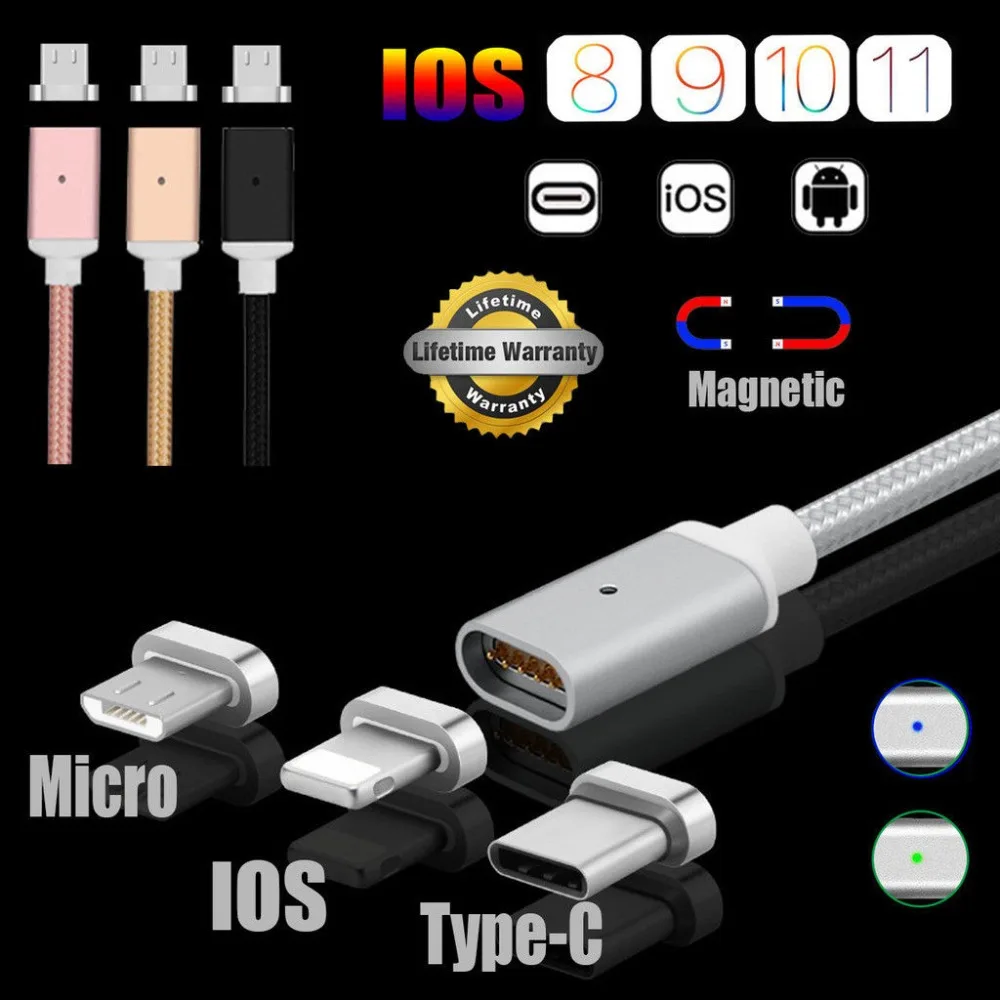 Магнитный кабель USB Type-C/IOS/Android Micro 1 м 2 4 А быстрая зарядка для iPhone X 8 7 Samsung S8 S7 S6 Note |