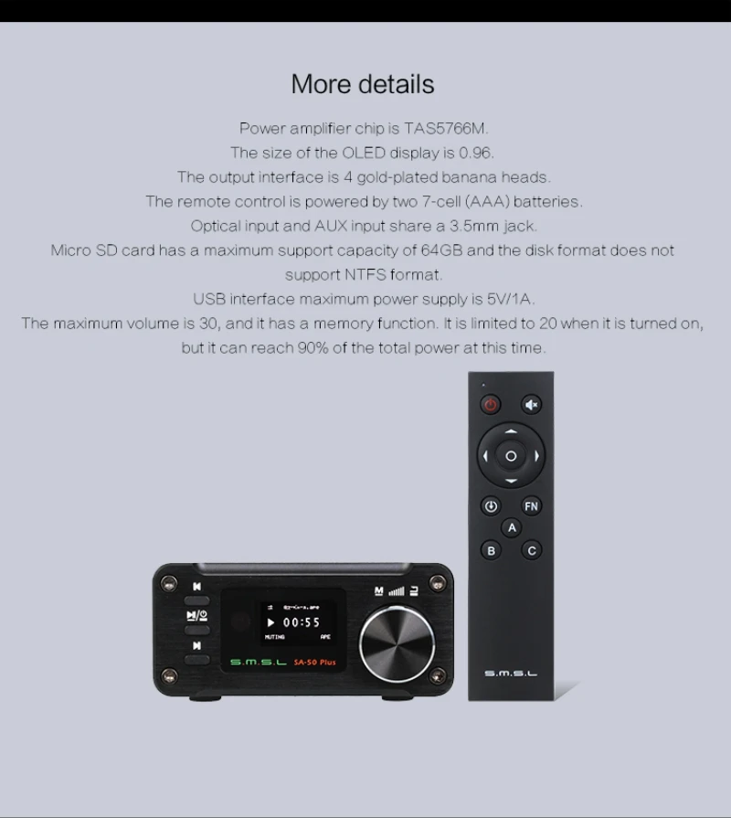 SMSL SA-50 Plus HiFi 50 Вт AUX оптический USB диск портативный усилитель мощности цифровой усилитель