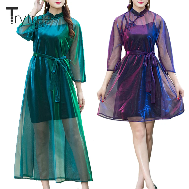 Trytree весна лето платье повседневное женское по щиколотку выдалбливают три