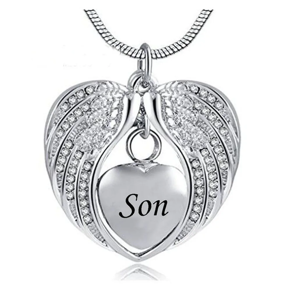 Персональные Крылья Ангела удержание сердечко кремация урна ожерелье-гравировка мама/папа/сын Keepsake Memorial украшение для праха - Окраска металла: son