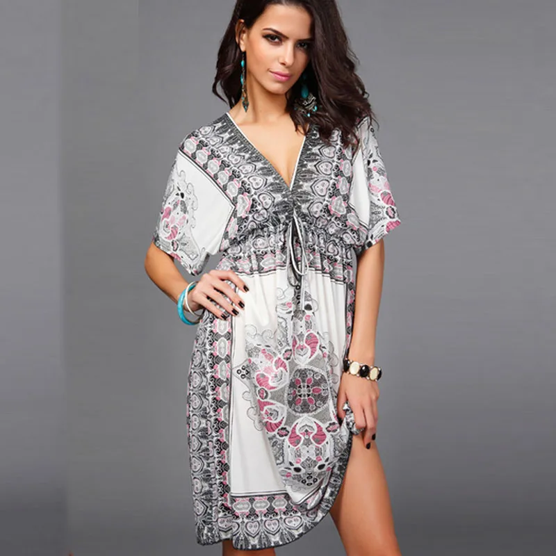 Женское пляжное платье желтое большого размера с цветочным принтом свободная