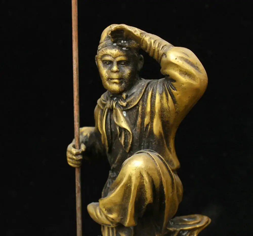 12 &quotКитайская старая желтая бронзовая ручная работа Sun Wukong Статуя обезьяны Будды