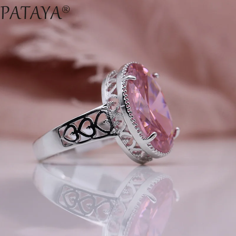 PATAYA, новинка, женские модные кольца для любви, белое золото, Овальный зеленый натуральный циркон, для свадьбы, вечеринки, разные цвета, полые, уникальные ювелирные изделия - Цвет основного камня: Pink
