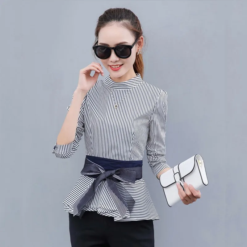 Новые женские баски Топы корректирующие синий полосатый блузки для малышек