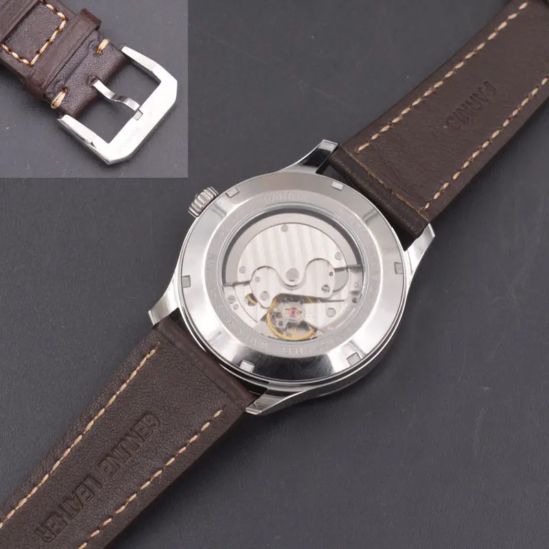 Часы мужские механические Parnis 42 мм с черным циферблатом и календарем