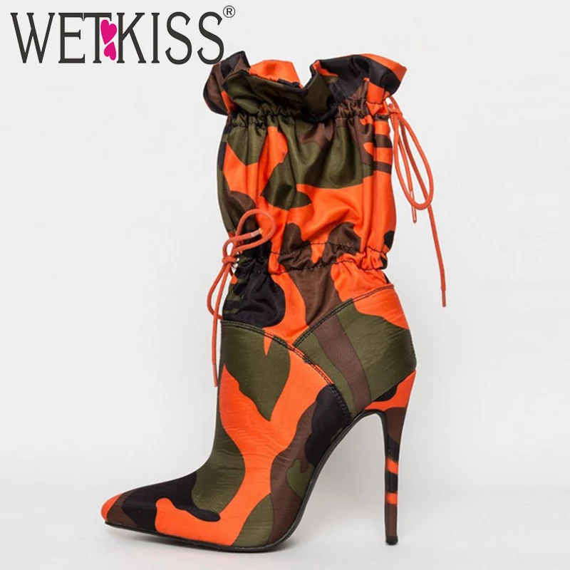 Женские камуфляжные ботинки до середины икры с острым носком|Сапоги голени| |
