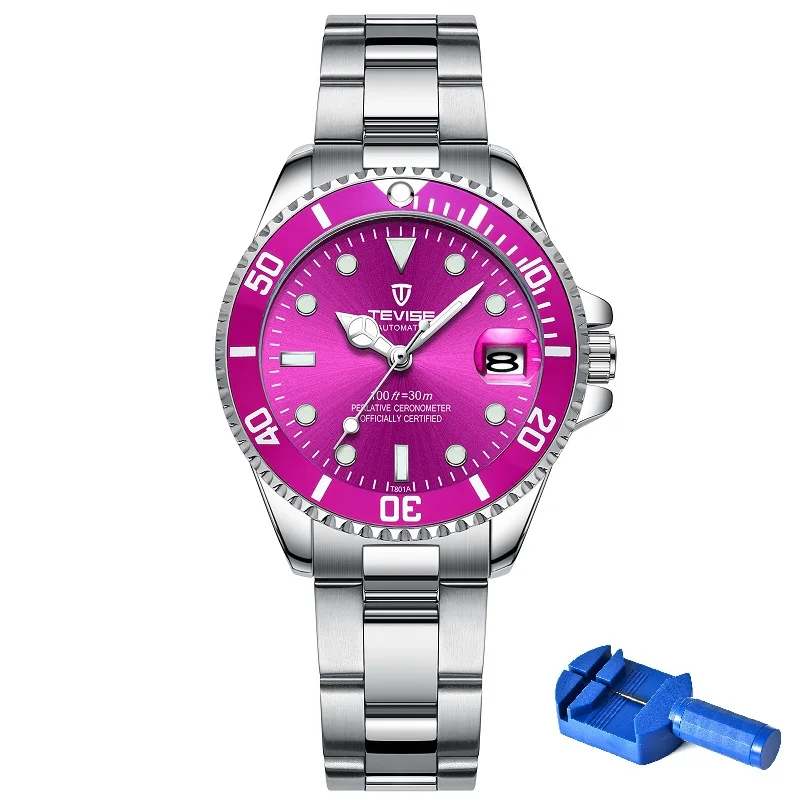 Purple with tool Женские кварцевые часы TEVISE T801, женские часы из нержавеющей стали, светящиеся стрелки, водонепроницаемые женские наручные часы для женщин - Цвет: Purple with tool