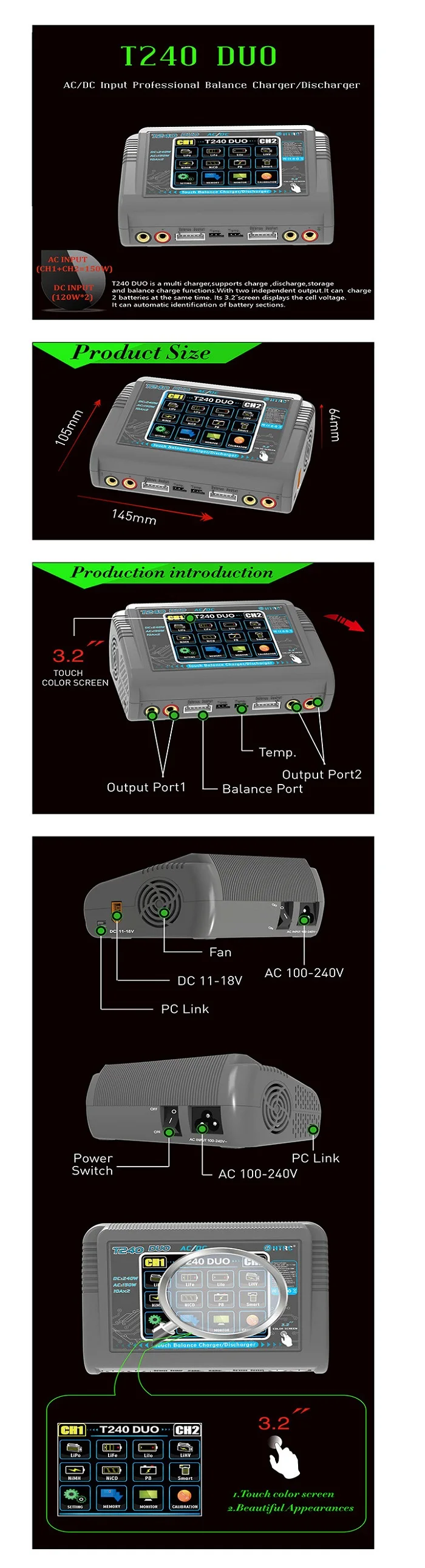 HTRC T240 DUO AC 150 Вт DC 240 Вт 10A смарт-экран двухканальный аккумулятор баланс зарядное устройство Dis зарядное устройство для Мультикоптер RC Drone