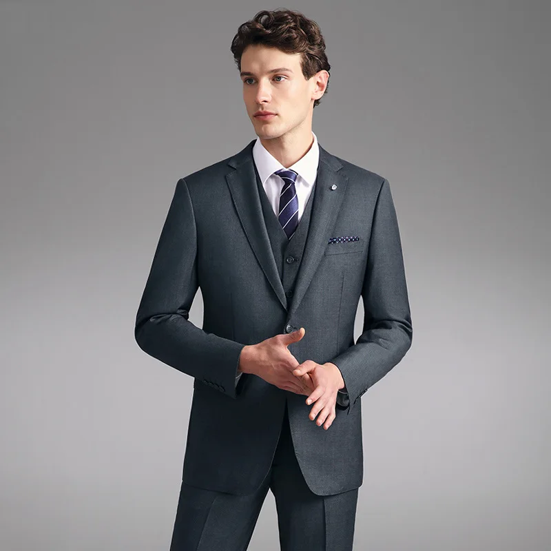 Шерсть Новое поступление; весенние повседневные slim fit Серый Блейзер, жилет, штаны, комплект из 3 предметов, одежда размера плюс на День отца подарки классический блейзер на двух пуговицах