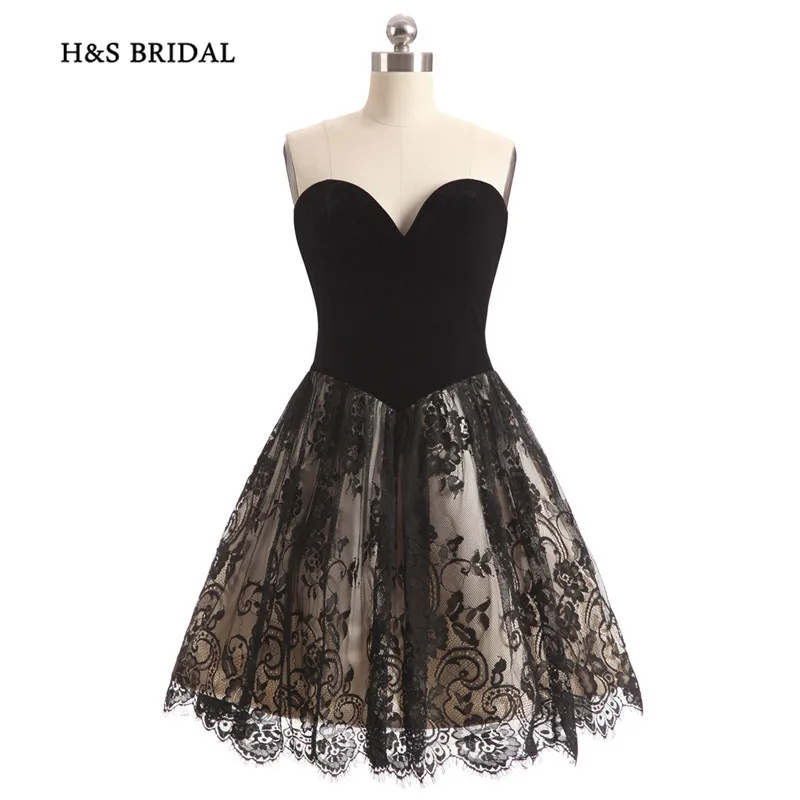 Женское бархатное короткое платье H & S черно красное кружевное для выпускного