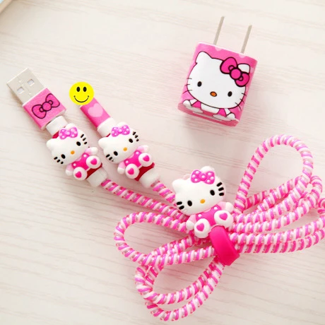 Мультфильм кабель протектор набор с зарядка через USB наклейки шнур спираль протектор кабель Провода органайзер для Iphone 5 6 6S 7 намотки