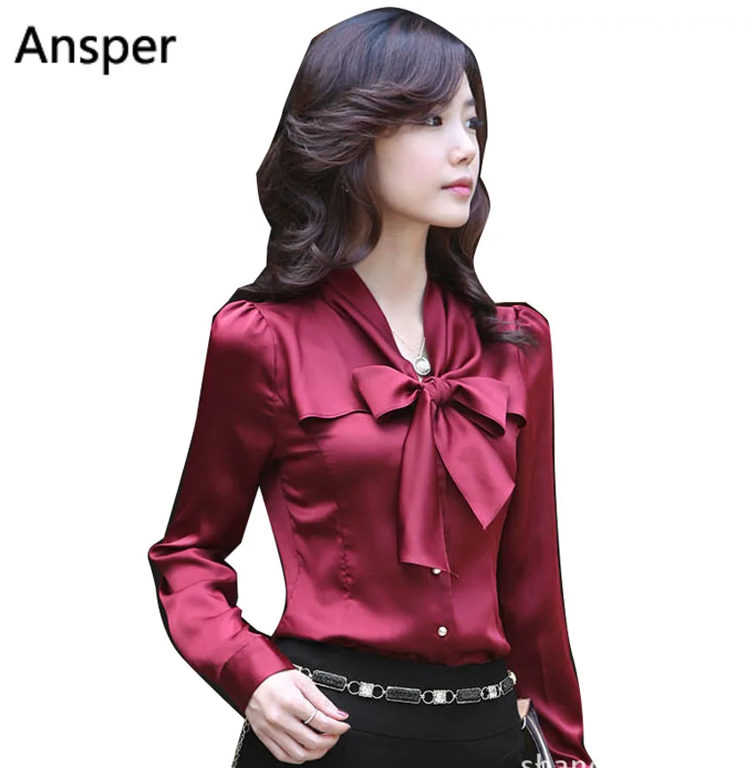 Evening 2018 korean fashion women gown female summer silk stain bow blouse for fat OL longsleeve classic shirt white purple |