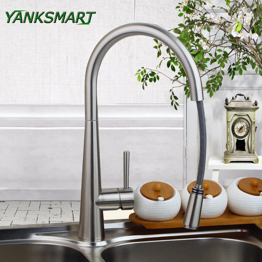 YANKSMART кухонный Вытяжной матовый никелевый кран с одной ручкой для