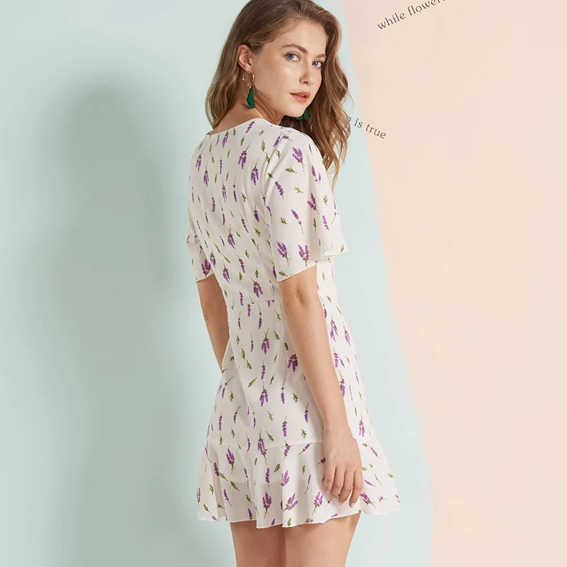 Mostnica Summer Wheat Printed Gauzy Chiffon Dress for Women Pastoralism Flare Sleeves V Neck Mori Girl Mini Lady Clothes | Женская