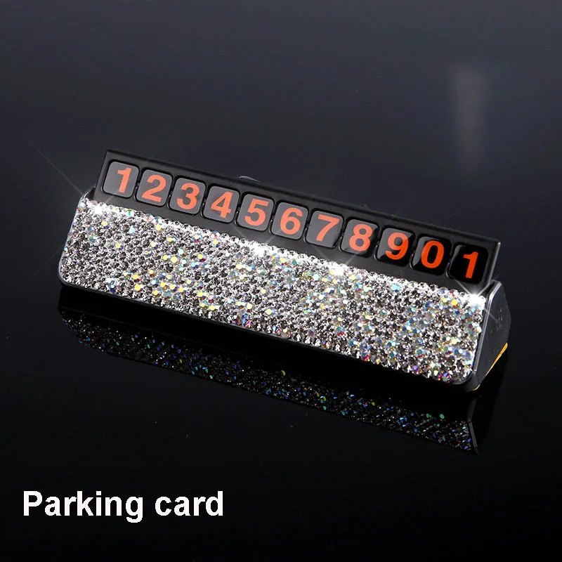 Car Parking Card Модные стразы, аксессуары для салона автомобиля для женщин, кристальная кожа, чехлы на руль, держатель на вентиляционное отверстие, брелок, коробка для салфеток - Название цвета: Car Parking Card