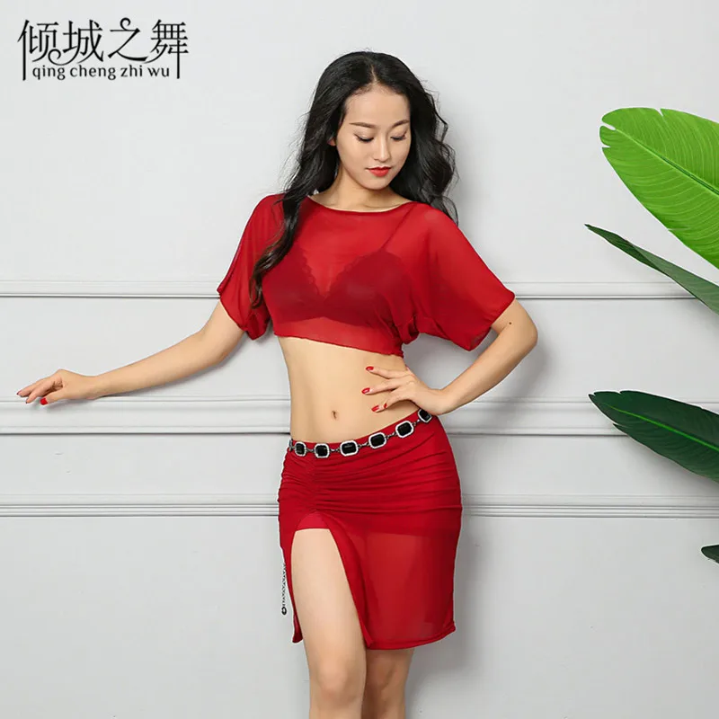 red Belly Dancing Женский костюм для танца живота, подходит для всех лет, сетчатая ткань, материал Moder, куртка, юбка(с безопасными штанами), удобный костюм - Цвет: red Belly Dancing