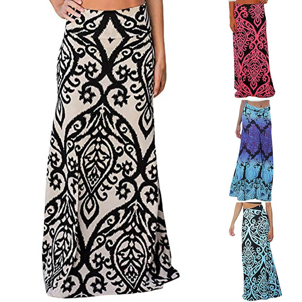 Ladies Printed Empire Floor-Length Skirt Fashion Womens Vintage Casual Coral Print High Waist Skater Skirt Long Maxi Skirt#C