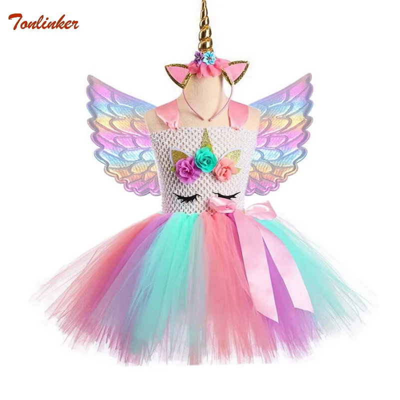 dress headband wings Новое Детское платье с единорогом для девочек, платье-пачка с изображением единорога, головной убор с золотой повязкой на голову, вечерние платья принцессы на Хэллоуин для девочек возрастом от 2 до 10 лет - Цвет: dress headband wings
