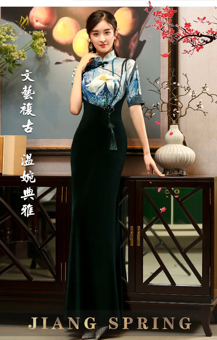 Зима бархат печати стрейч Cheongsam Сексуальная китайская женская традиционная длинная Восточный стиль платья современные Qipao зеленый Qi Pao