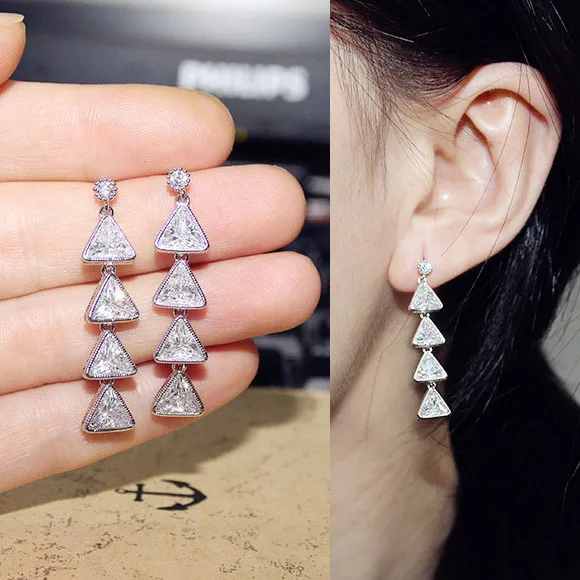Fashion Shining Small Triangle Long Tassel Drop Earrings Yellow Purple Cubic Zirconia Dangle For Women Party Jewelry | Украшения и
