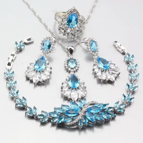 Sea Blue 4PCS Австрийский Кристалл с натуральным камнем зеленый CZ Ювелирные наборы из 925 пробы серебра Дубай женский свадебный костюм наборы - Окраска металла: Sea Blue 4PCS