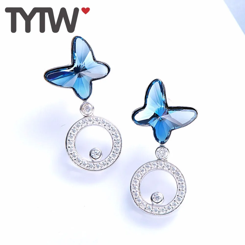 TYTW 925 Sterling Silver Dazzling Stud Earring Crystals form Austrian Blue Fashion Women Butterfly Earrings Chic Jewelry | Украшения и