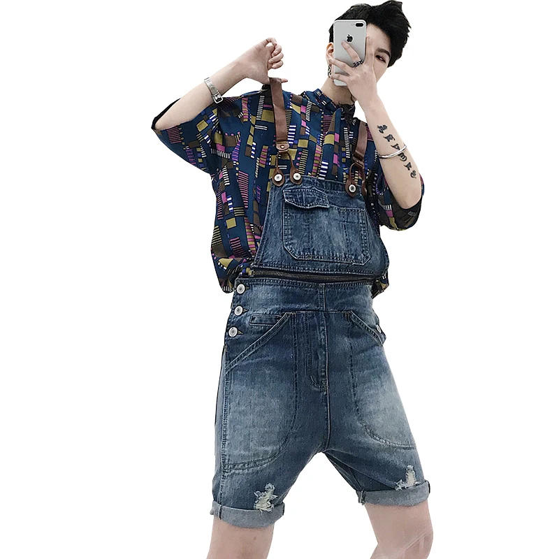 

Spring and Summer New Male Suspenders Casual Blue Denim Overalls Pockets Men's Bib Boyfriend Short Jumpsuits Size M-XL