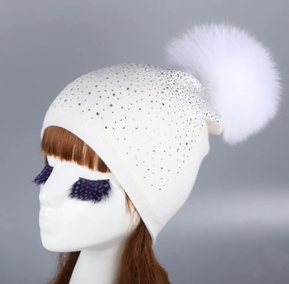 Оптовая продажа женская модная шерстяная зимняя шапка с лиса норка помпон