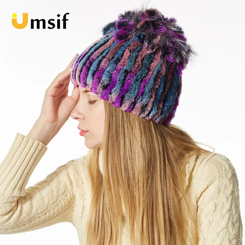 Женские зимние шапки 100% настоящий мех кролика вязаные Skullies Beanies вязаная шапка для
