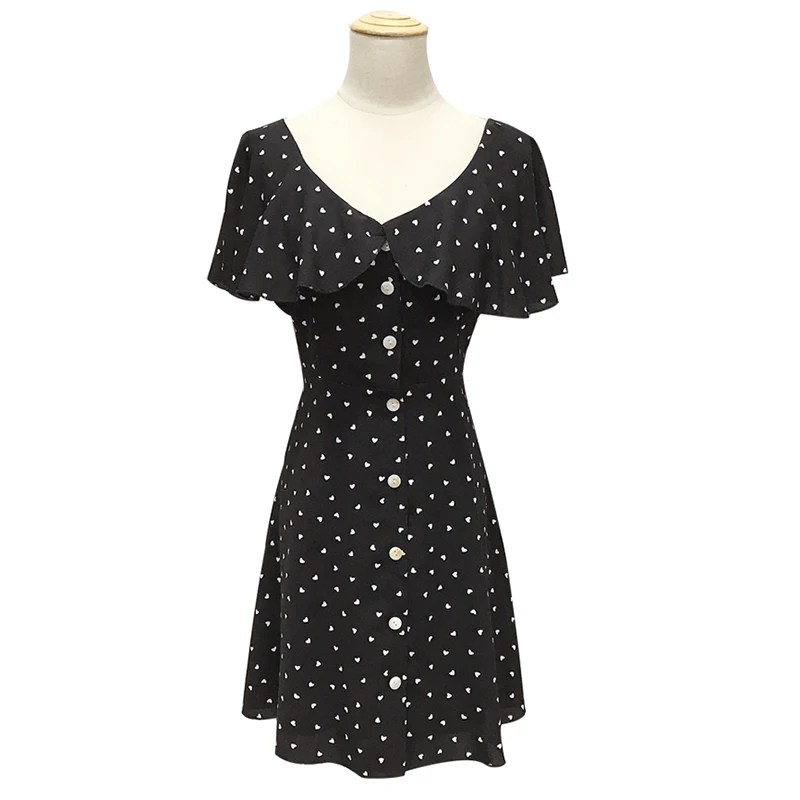 

PERHAPS U Black Red Heart Print V Neck A-line Ruffle Single-breasted Mini Dress Female Women Summer Casual D1439
